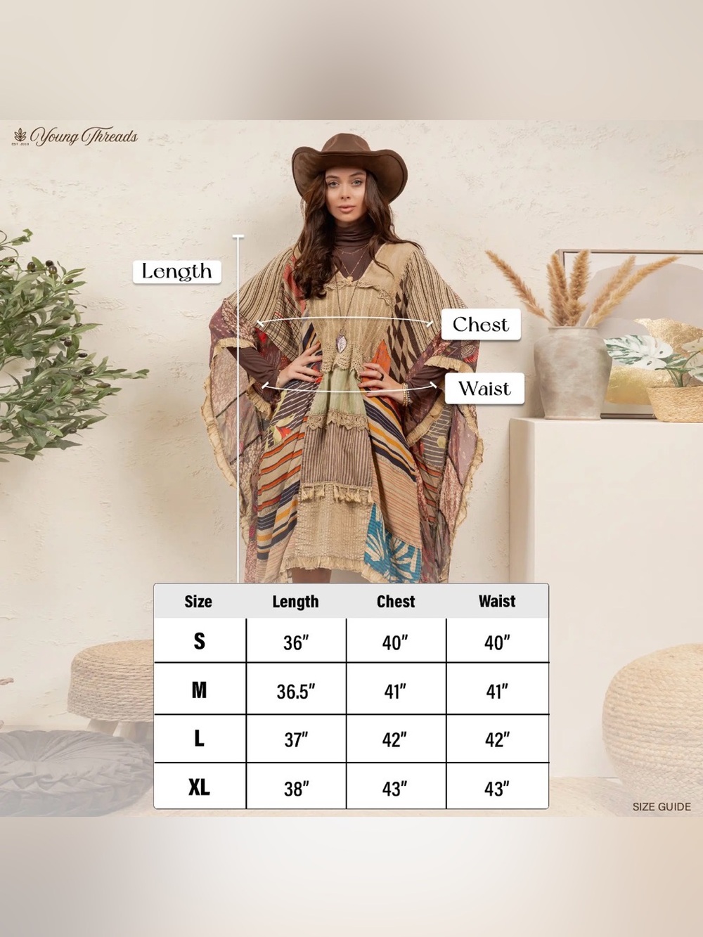 Young Threads Bohemian Fringe Patchwork Poncho Shrug - Picture 5 of 6